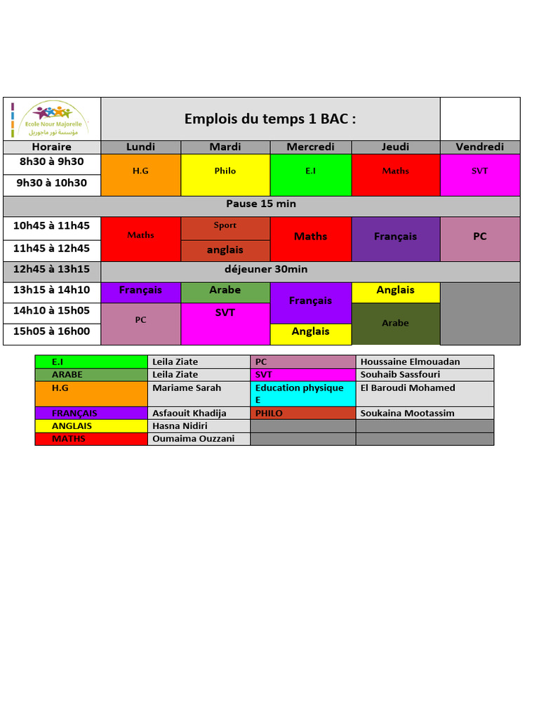Emploi du temps 1 BAC - Ecole Nour Majorelle | PDF