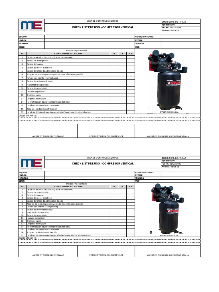 Check List Pre Uso Compresor Vertical | PDF | Presión | Equipo