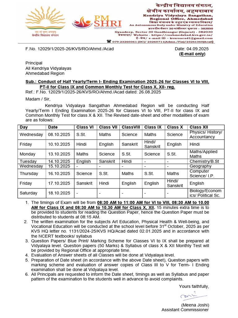KV Half Yearly Exam Schedule 2025-26 | PDF