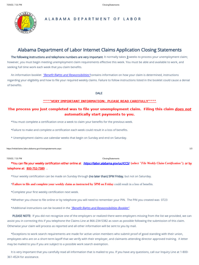Alabama Weekly Unemployment Claims Guide | PDF