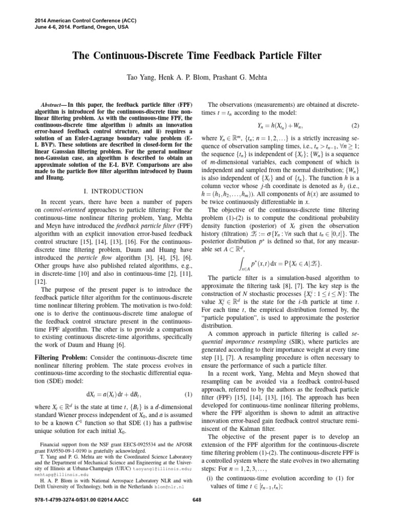 The Continuous-Discrete Time Feedback Particle Filter | PDF | Kalman ...