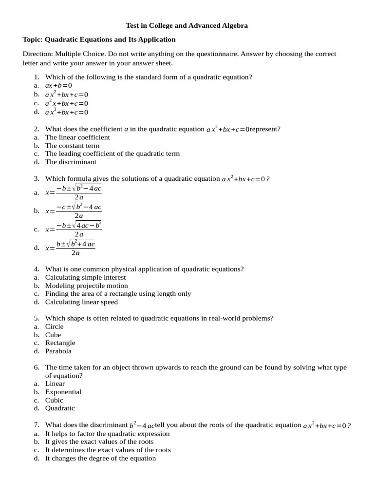 Quadratic Equations Test and Applications | PDF | Quadratic Equation ...