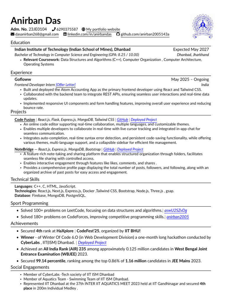 IIT Dhanbad Resume OnCampus | PDF | Computer Programming | Information ...
