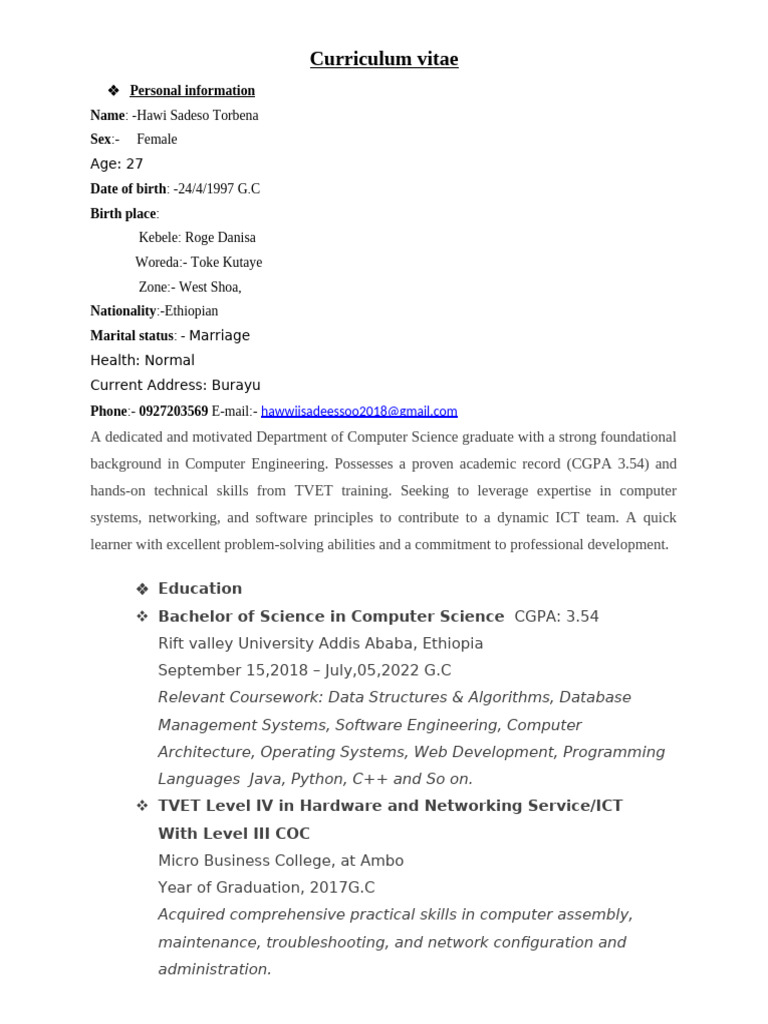 Curriculum Vitae:: - Hawi Sadeso Torbena:-Female | PDF | Computer ...