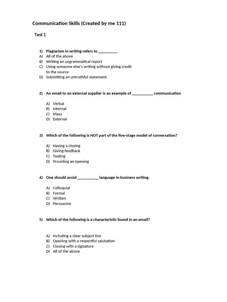 Essential Communication Skills Quiz | PDF | Communication | Human ...