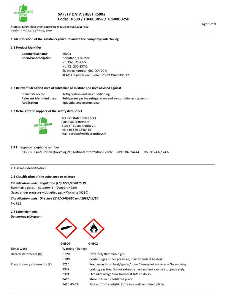 R600a Isobutane Safety Data Sheet | PDF | Personal Protective Equipment ...