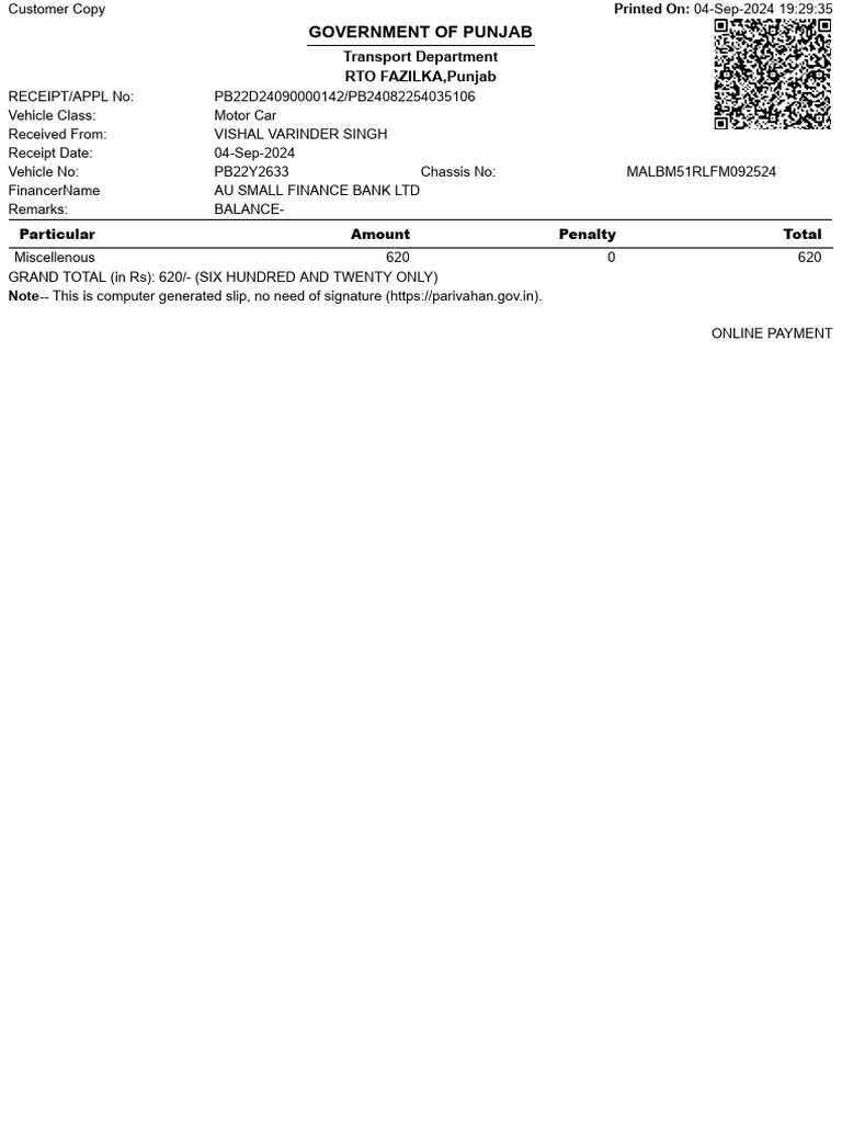 RTO Payment Receipt for Vehicle PB22Y2633 | PDF