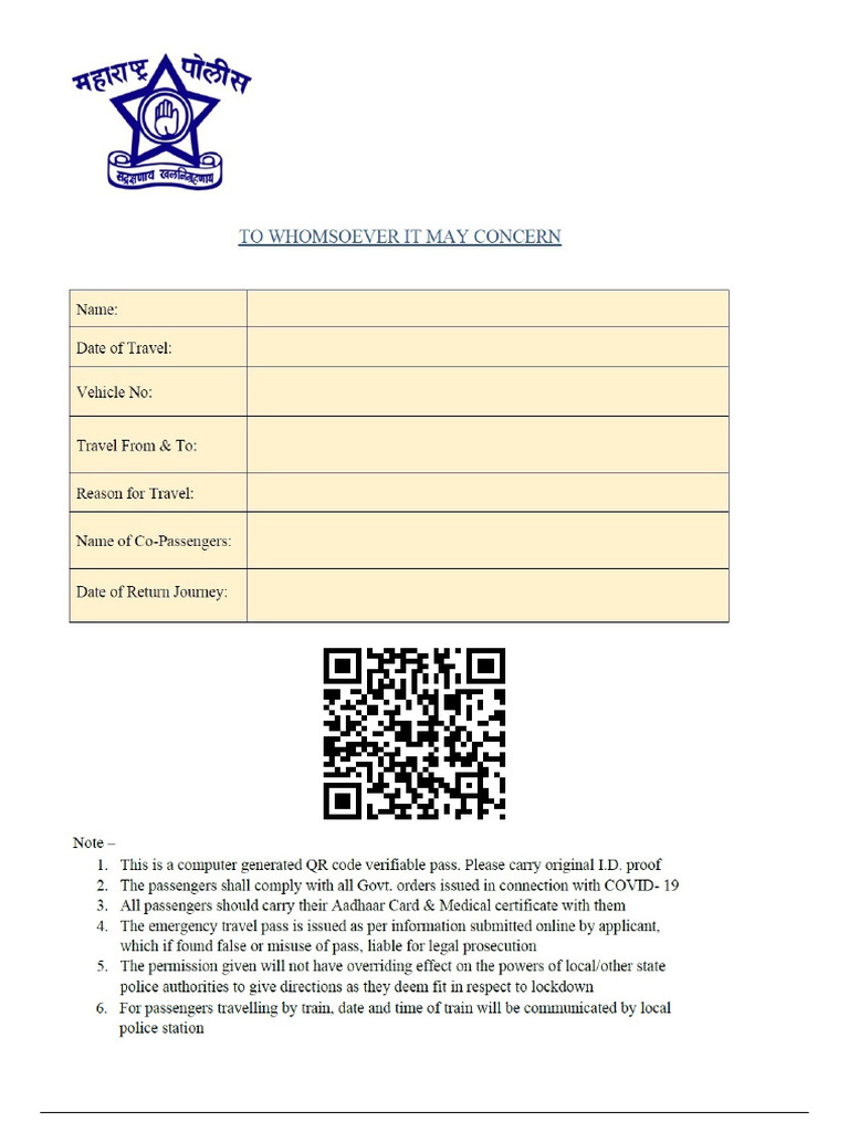 Maharashtra Travel ePass Document | PDF