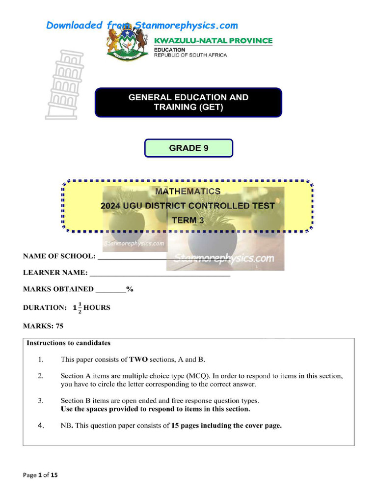 KZN UGU Maths Grade 9 September 2024 QP and Memo | PDF