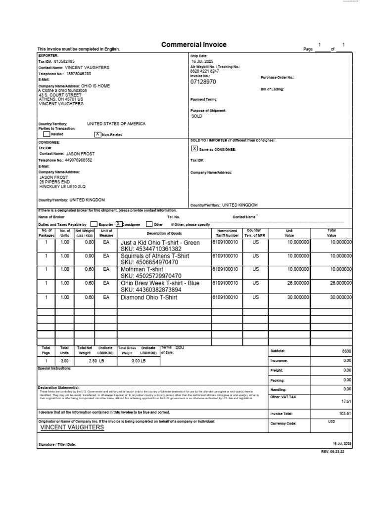 Commercial Invoice for T-Shirt Shipment | PDF