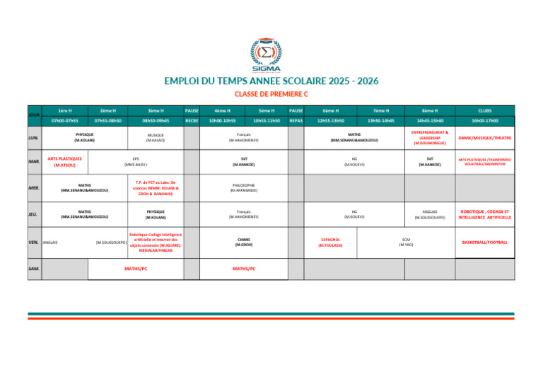 Emploi du temps 2025-2026 Première C | PDF