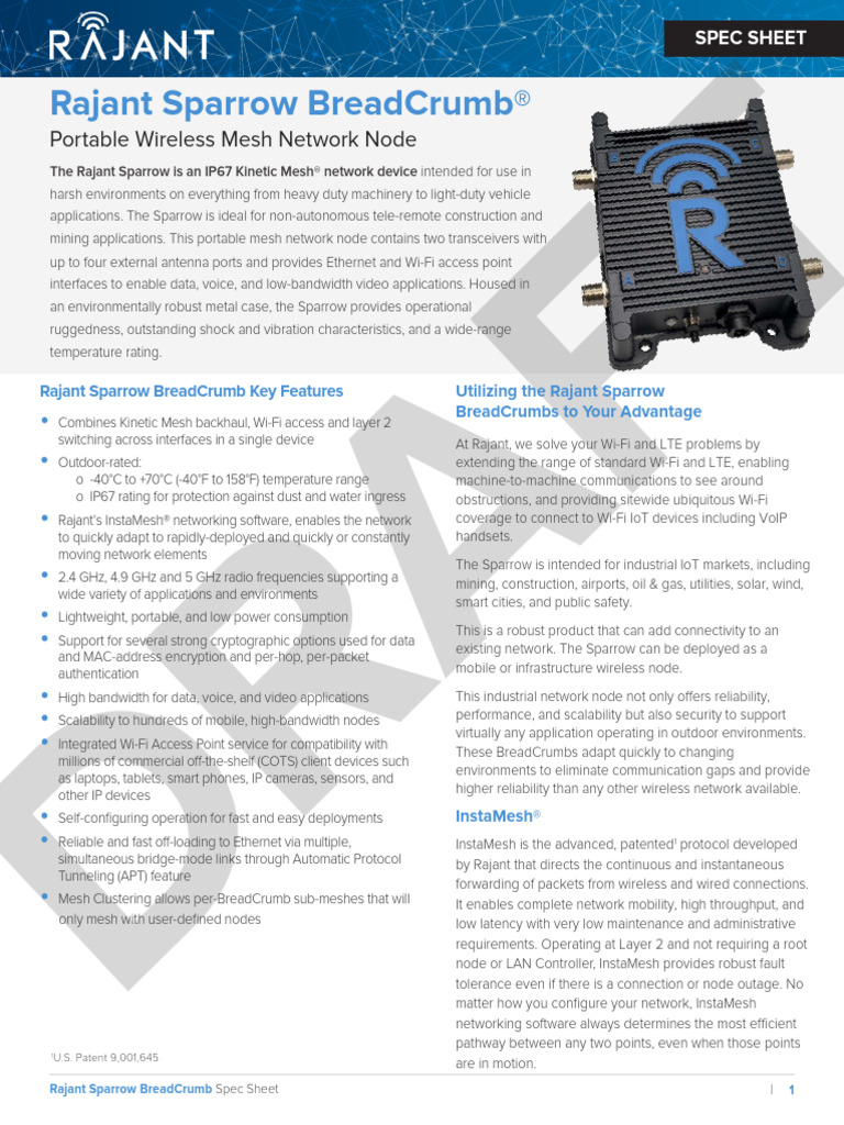 Rajant Sparrow BreadCrumb Spec Sheet | PDF | Computer Network | Wi Fi
