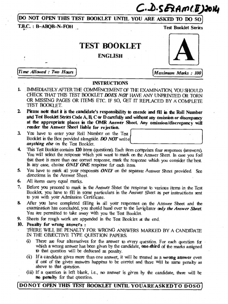 English Test Booklet Instructions | PDF
