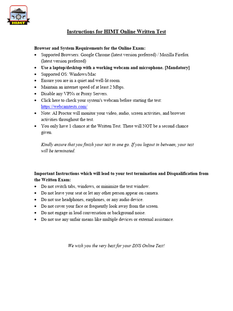 HIMT Online Test Instructions | PDF