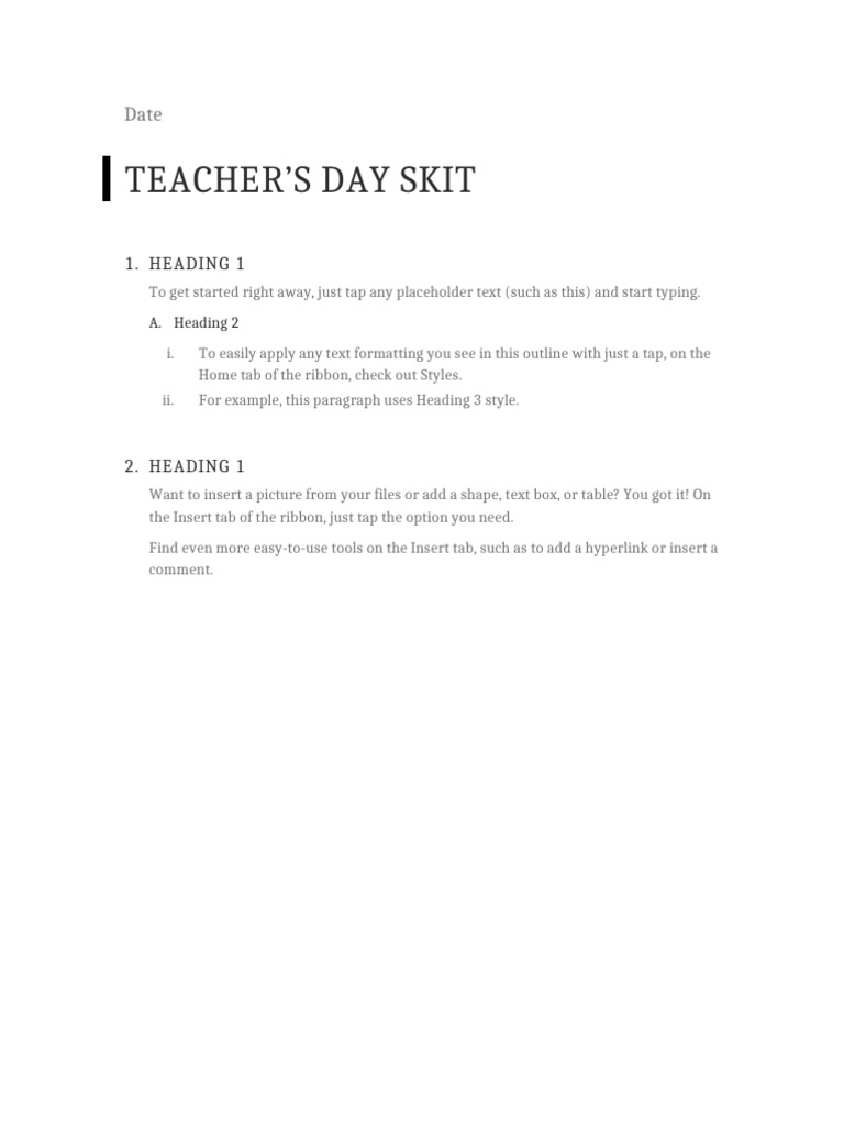 Teacher'S Day Skit: 1. Heading 1 | PDF