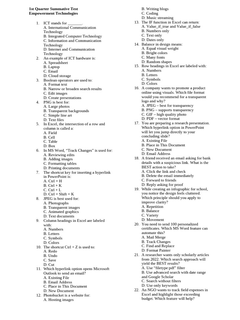 1st Quarter ICT Test Questions | PDF | Microsoft Excel | Hyperlink