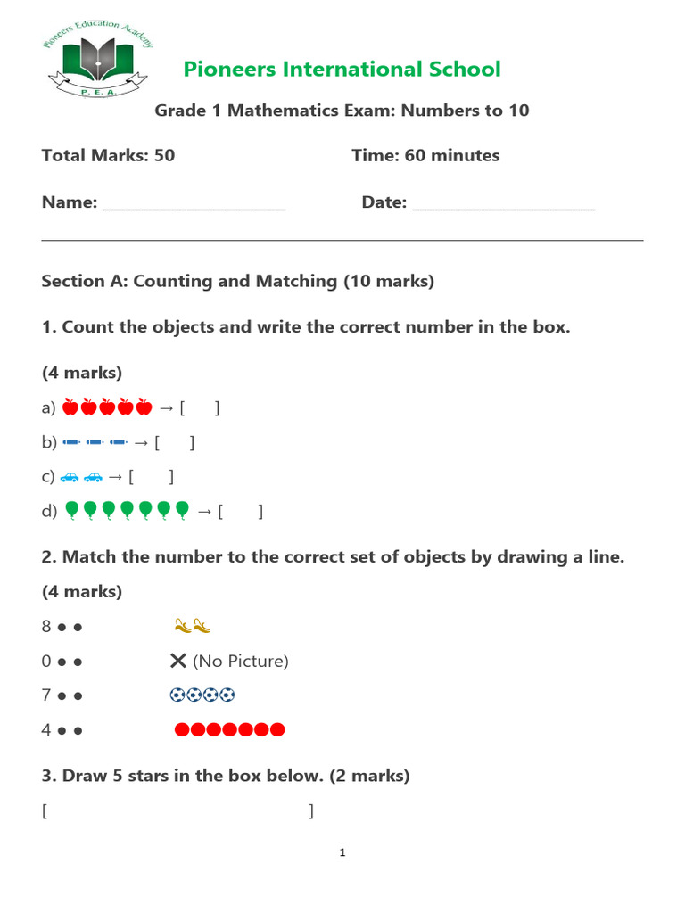 Pioneers International Schoo1 Math Exam For Grade 1numbers To 100 | PDF