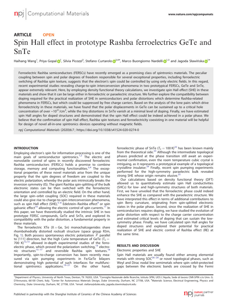 Spin Hall Effect in GeTe and SnTe | PDF | Ferroelectricity | Density ...