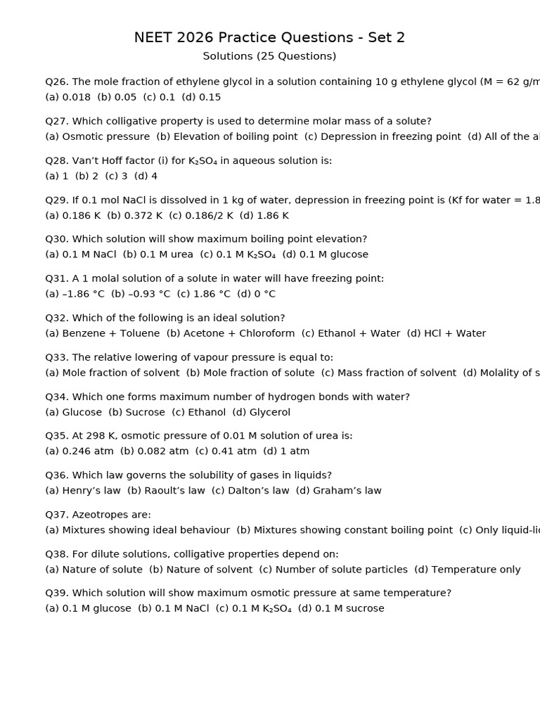 NEET 2026 Practice Questions Set 2 | PDF | Chemical Substances | Chemistry