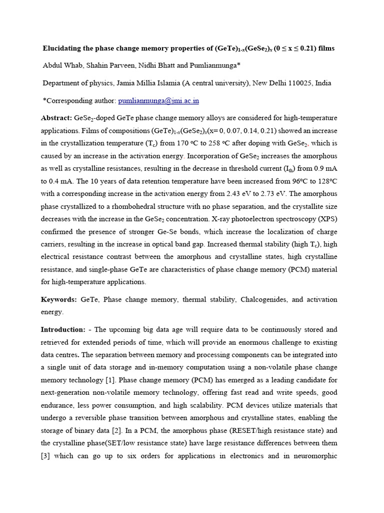GeTe/GeSe2 Films for Phase Change Memory | PDF | Band Gap | Amorphous Solid