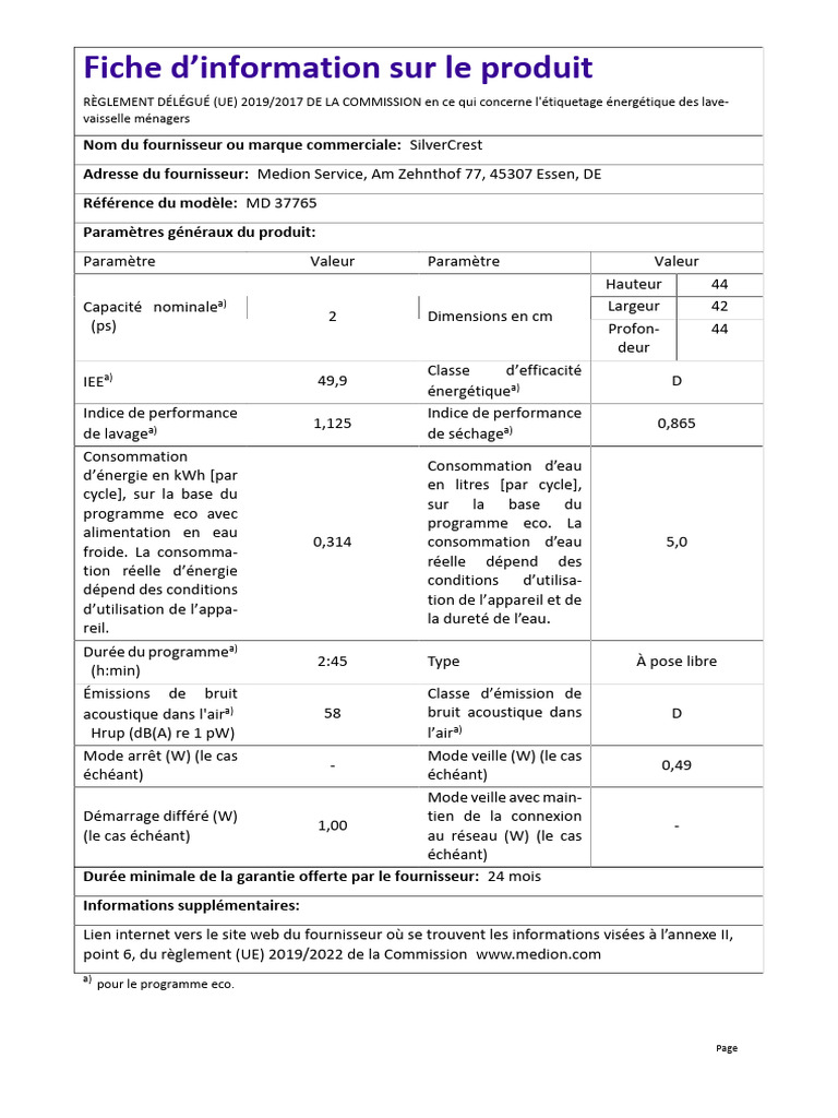 Lave-vaisselle SilverCrest MD 37765 | PDF