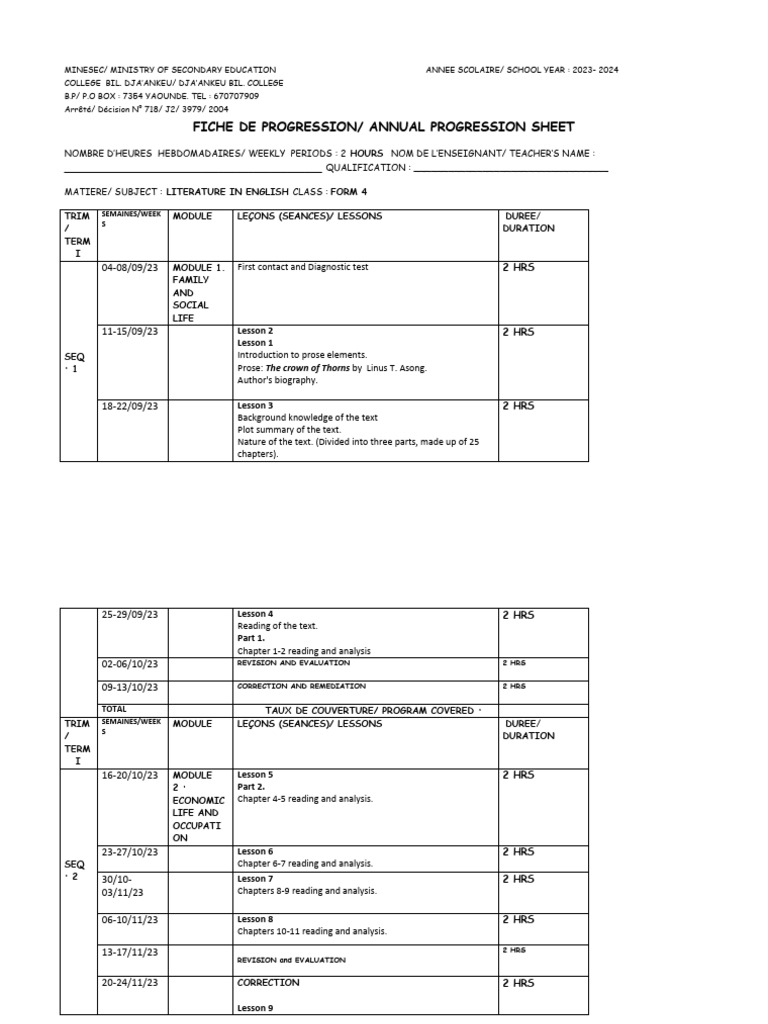 Form 4 English Literature Progression Plan | PDF | Writing | Human ...