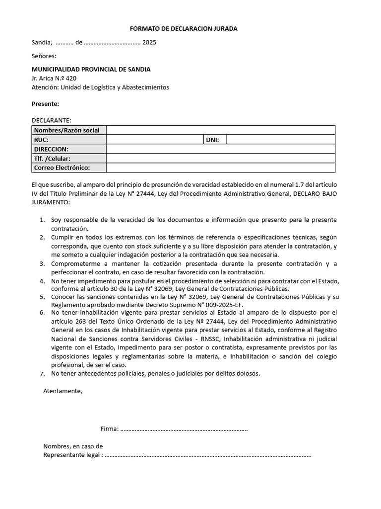 Formato de Declaración Jurada 2025 | PDF