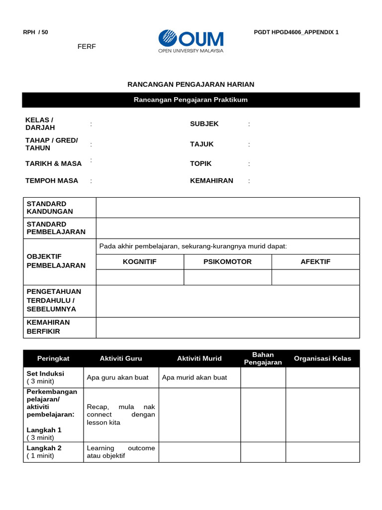 Contoh RPH Praktikum OUM | PDF