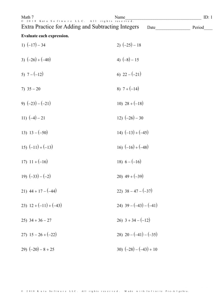 7th Grade Integer Practice Worksheet | PDF