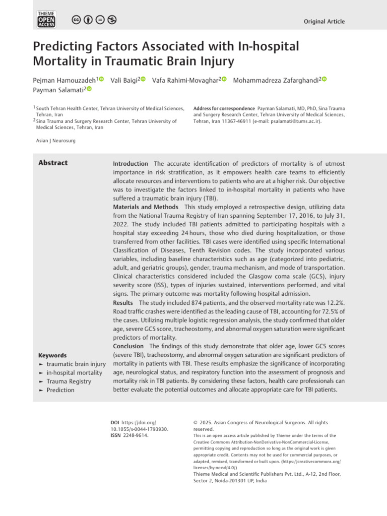 In-Hospital Mortality in TBI Patients | PDF | Traumatic Brain Injury ...