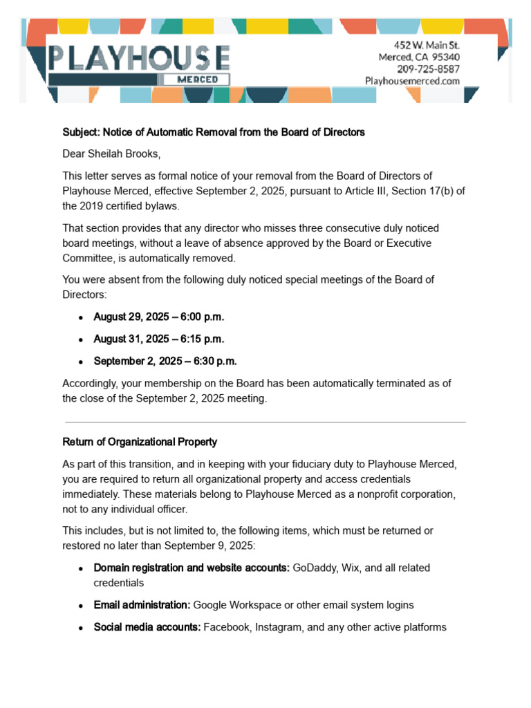 Notice of Board Removal for Sheilah Brooks | PDF | Board Of Directors ...