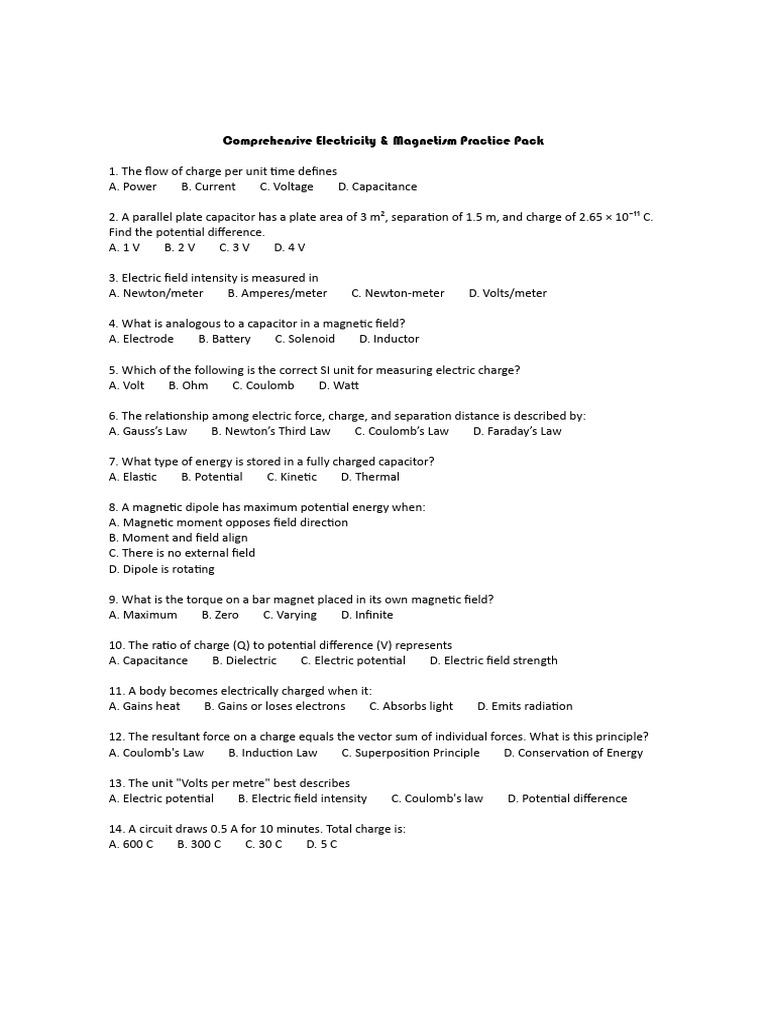 Electricity & Magnetism Practice Questions | PDF | Capacitor | Electric ...