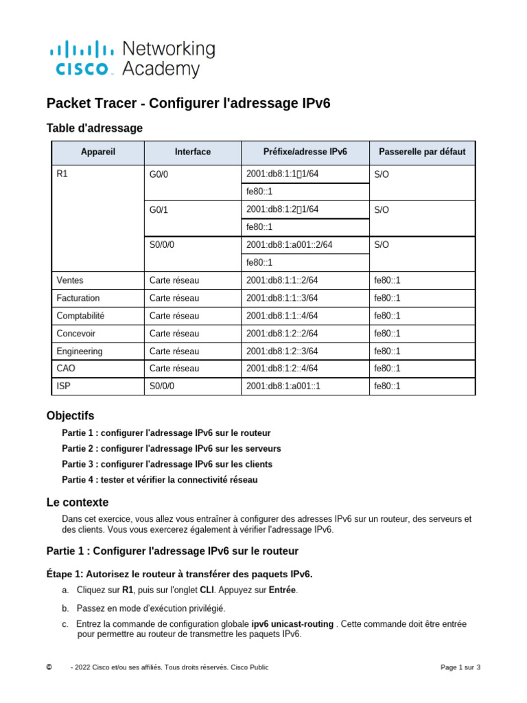 Configurer l'adressage IPv6 avec Packet Tracer | PDF | I Pv6 | Adresse IP