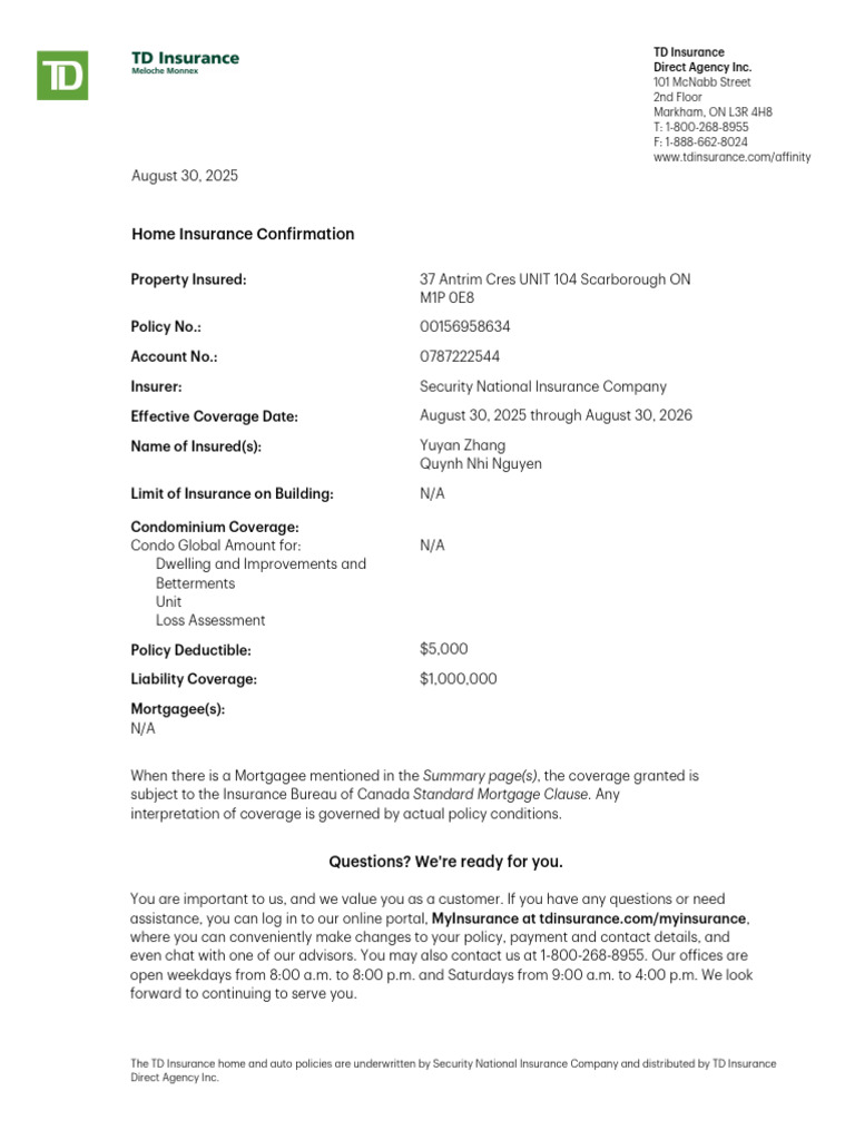 TD Insurance Home Policy Confirmation | PDF | Insurance | Home Insurance