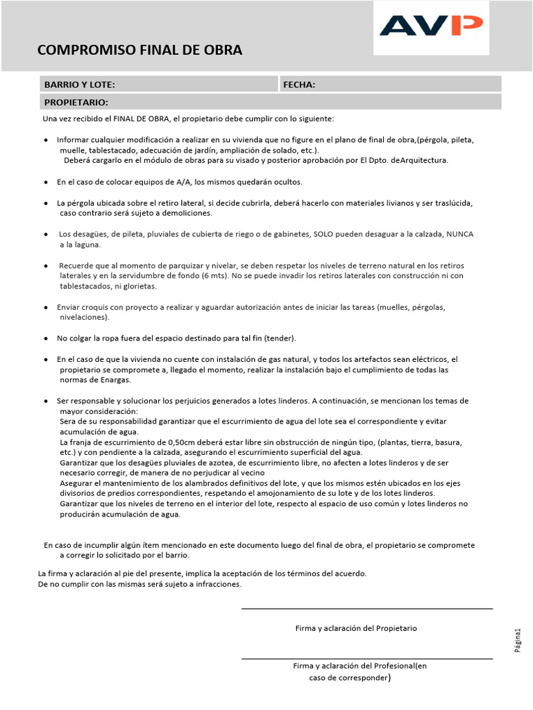 Compromisos Post-Obra para Propietarios | PDF
