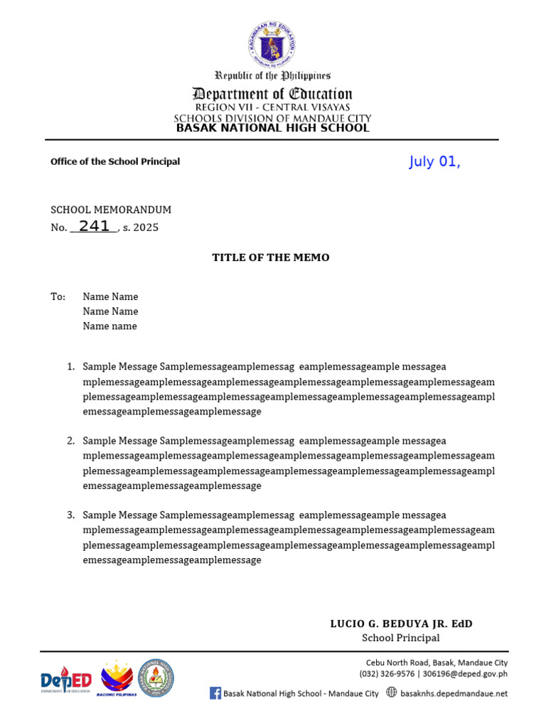 School Memorandum No. 241, s. 2025 | PDF
