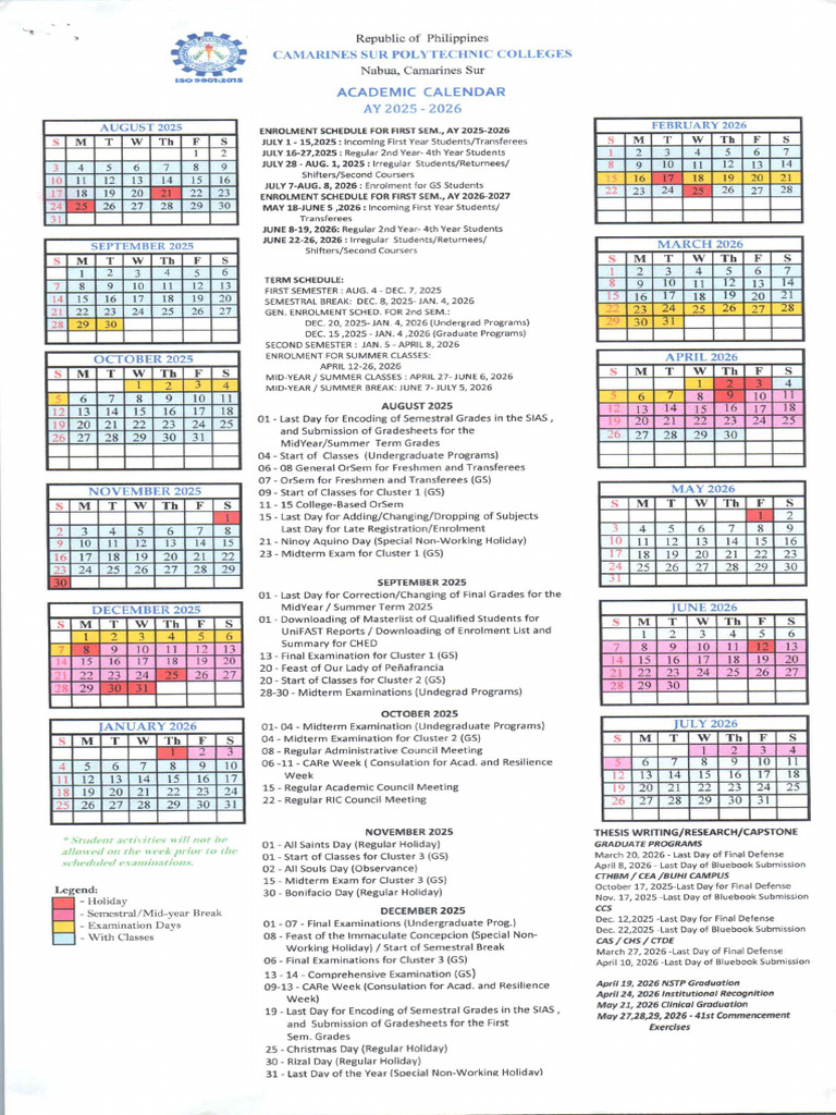 Academic Calendar For AY 2025 2026 1 | PDF