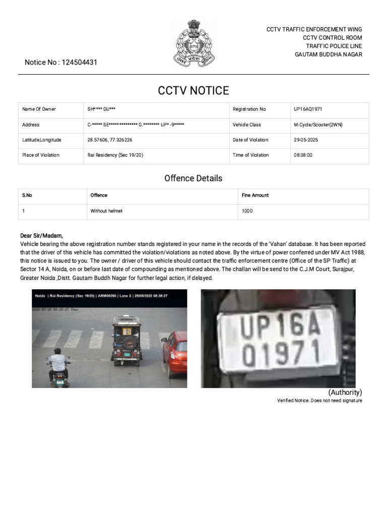 CCTV Violation Notice for Noida Vehicle | PDF