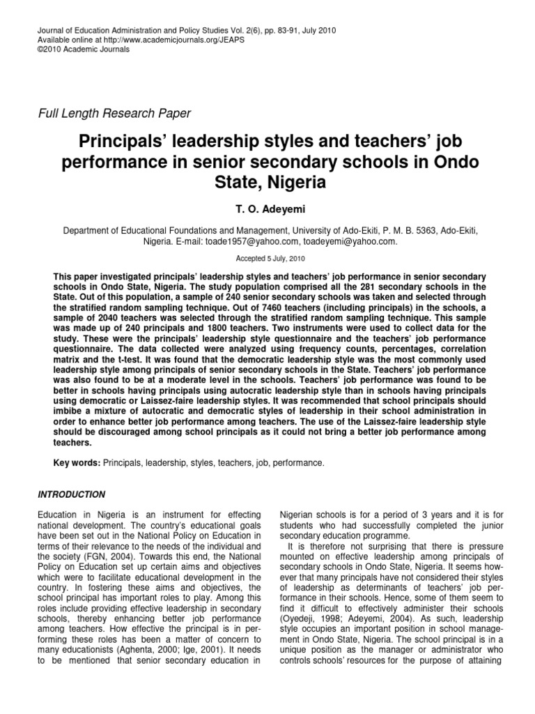 Leadership Styles Impact on Teacher Performance | PDF | Leadership ...