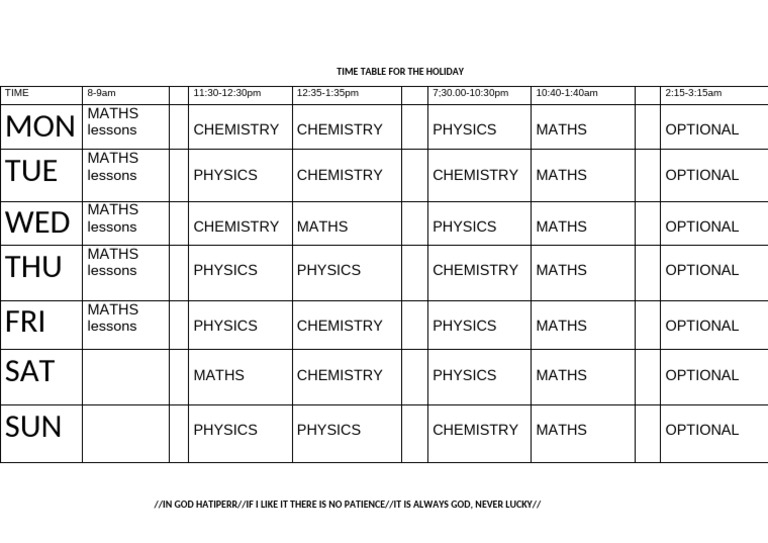 Time Table For The Holiday | PDF