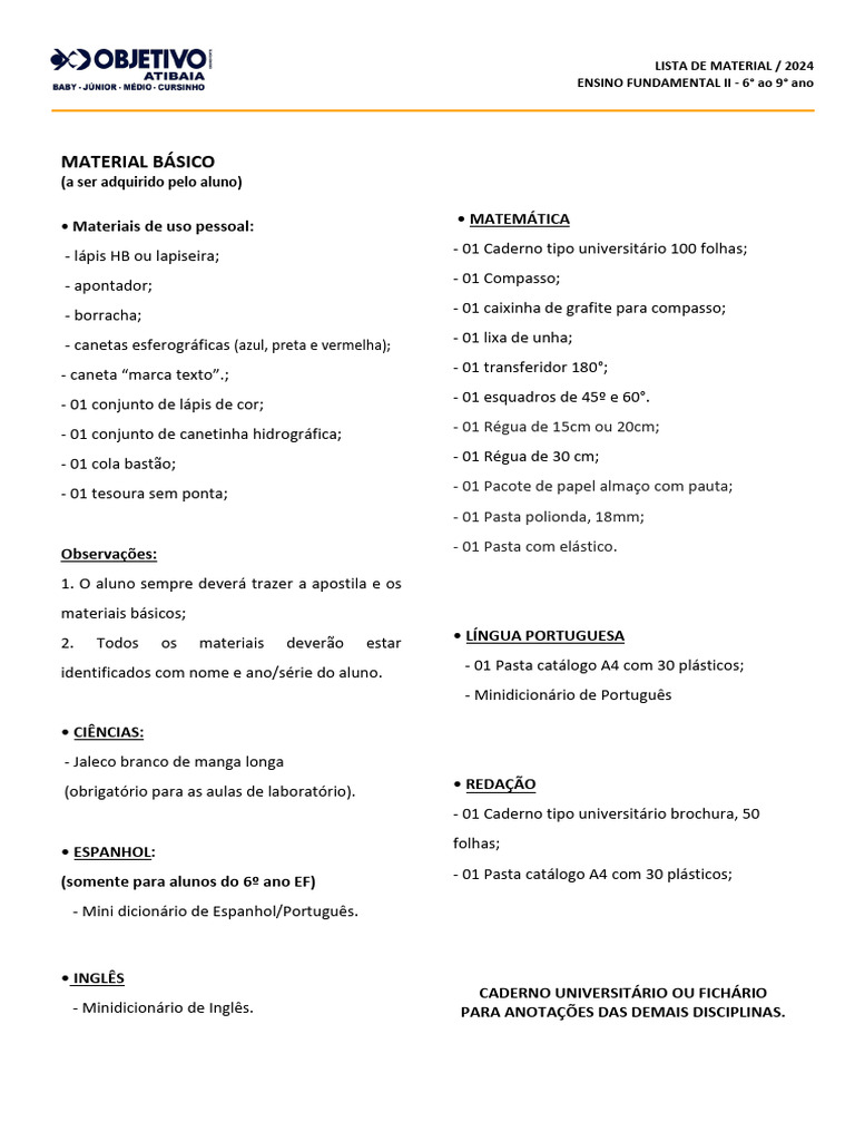 Material Escolar 2024: Ensino Fundamental II | PDF | Contos