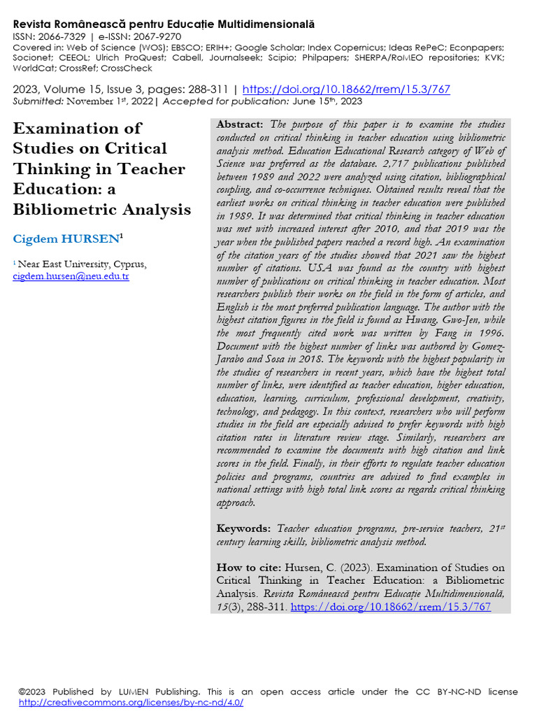 Bibliometric Analysis of Critical Thinking in Teacher Education | PDF ...