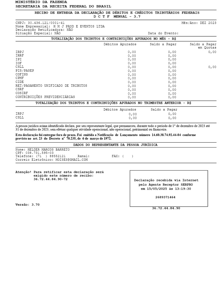 Recibo DCTF Mensal - Dez 2023 | PDF | Imposto de Renda | Brasil