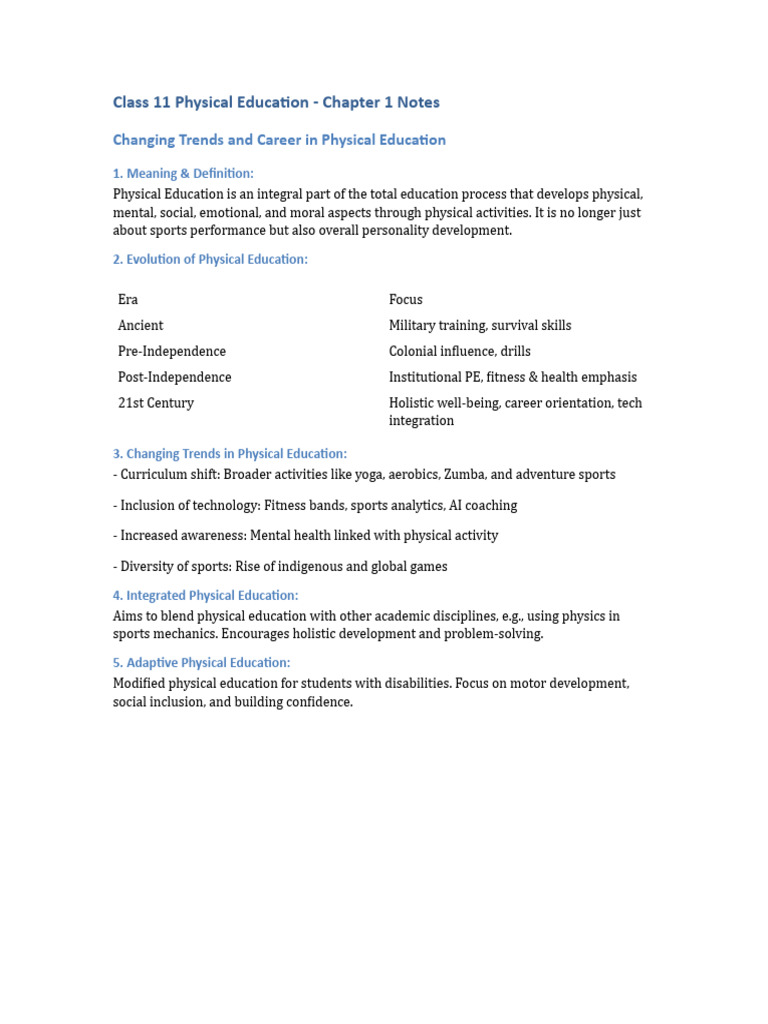 Trends and Careers in PE Class 11 | PDF | Sports | Physical Education