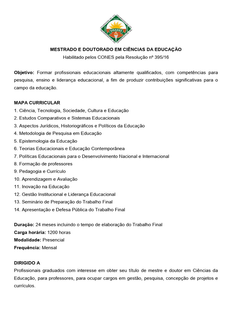 Mestrado e Doutorado em Educação | PDF