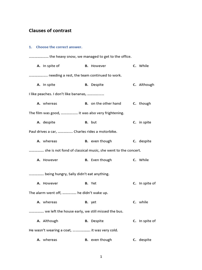 Contrast and Reason Clauses Exercises | PDF | Syntax | Linguistics