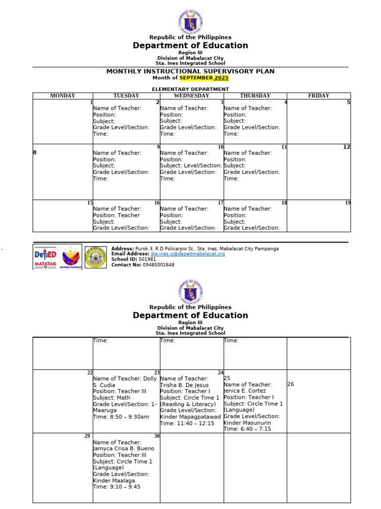 September 2025 Instructional Plan | PDF | Learning