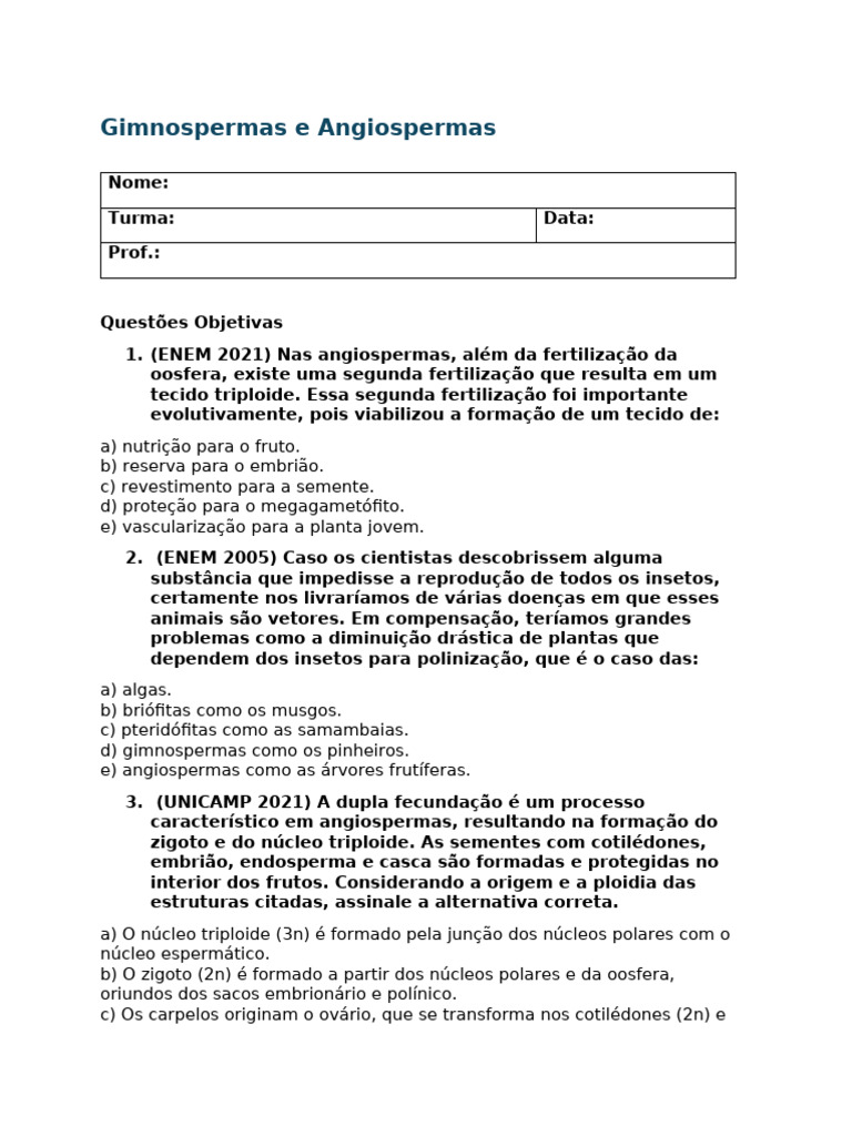Questões sobre Gimnospermas e Angiospermas | PDF | Plantas | Semente