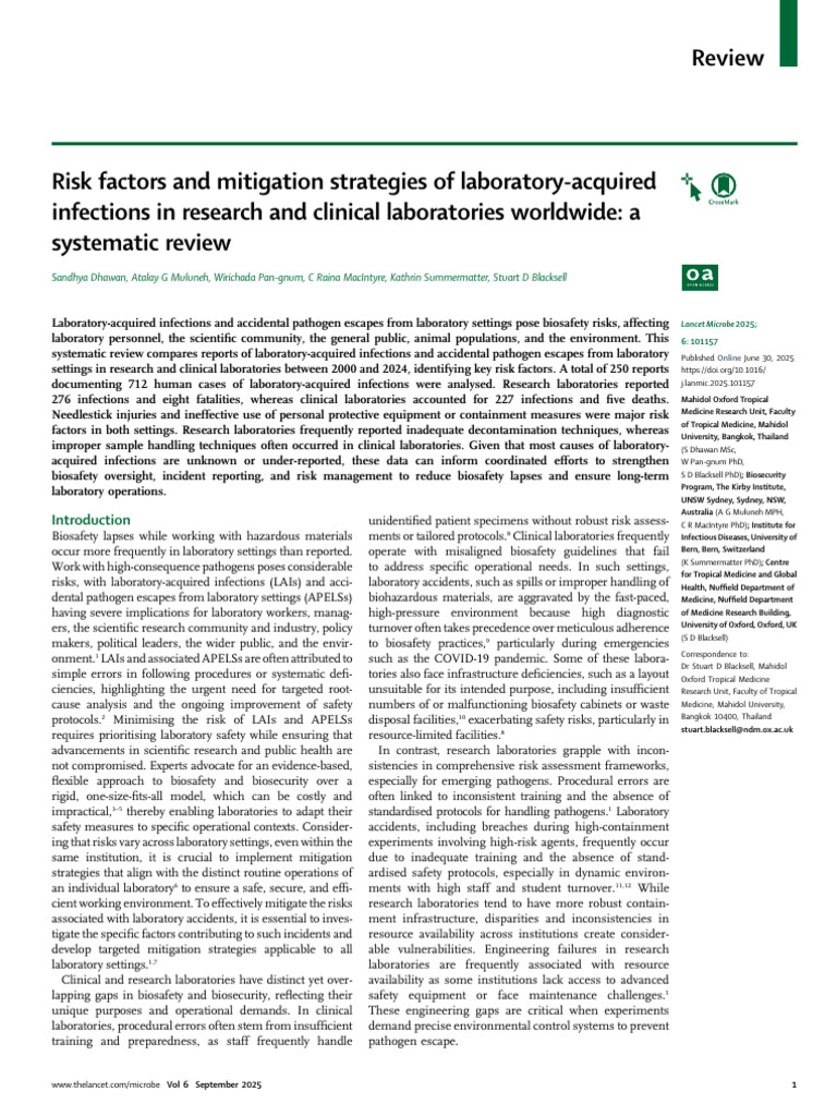Risk Factors and Mitigation Strategies of Laboratory-Acquired ...