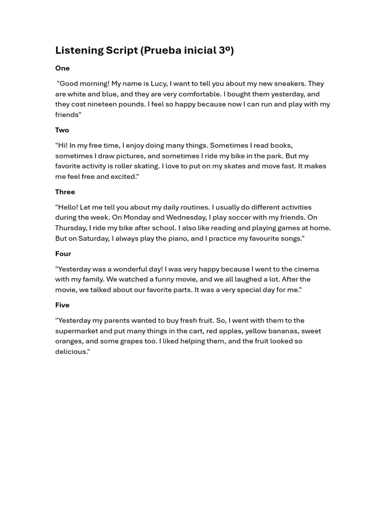 Listening Script para Prueba Inicial 3º o 4º | PDF
